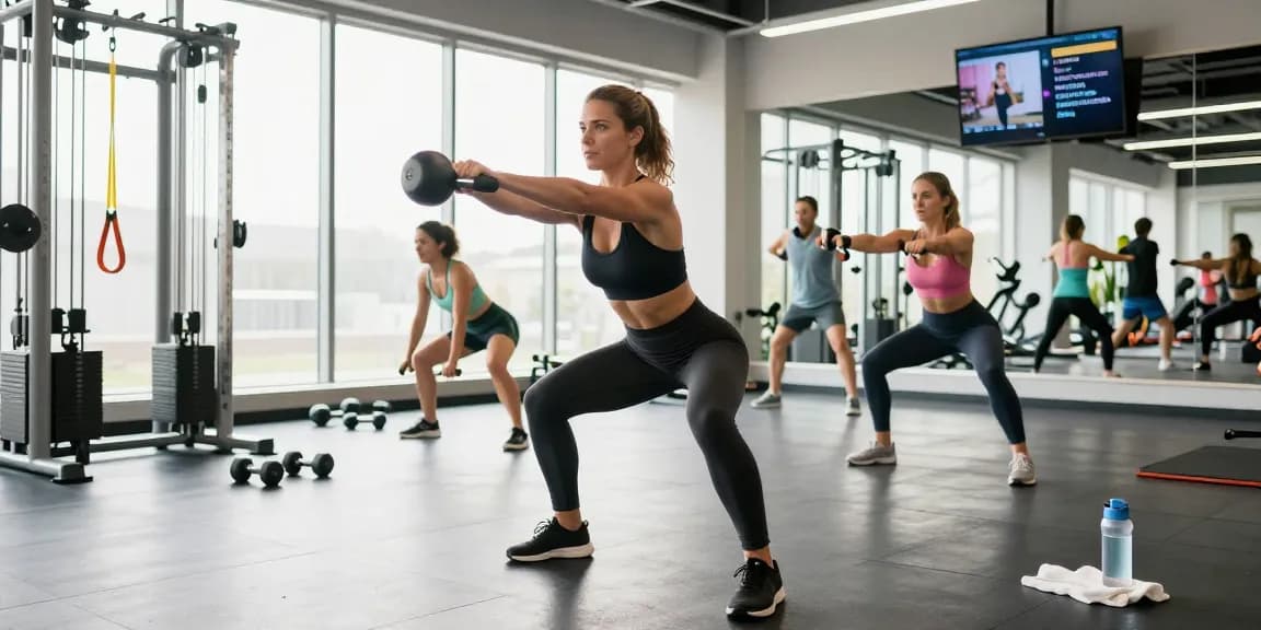 Athletic woman performing kettlebell exercises in a modern gym, showcasing best calorie tracking apps for effective fitness.