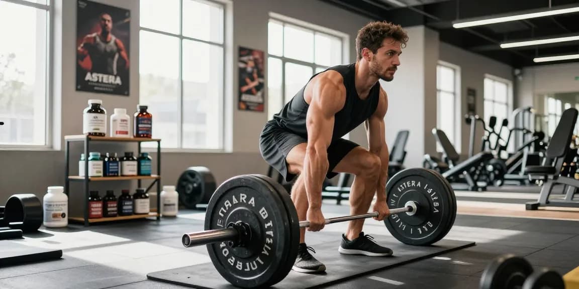 Muscular man lifting barbell in gym with Astera Steroids Shop products in the background, showcasing fitness dedication.