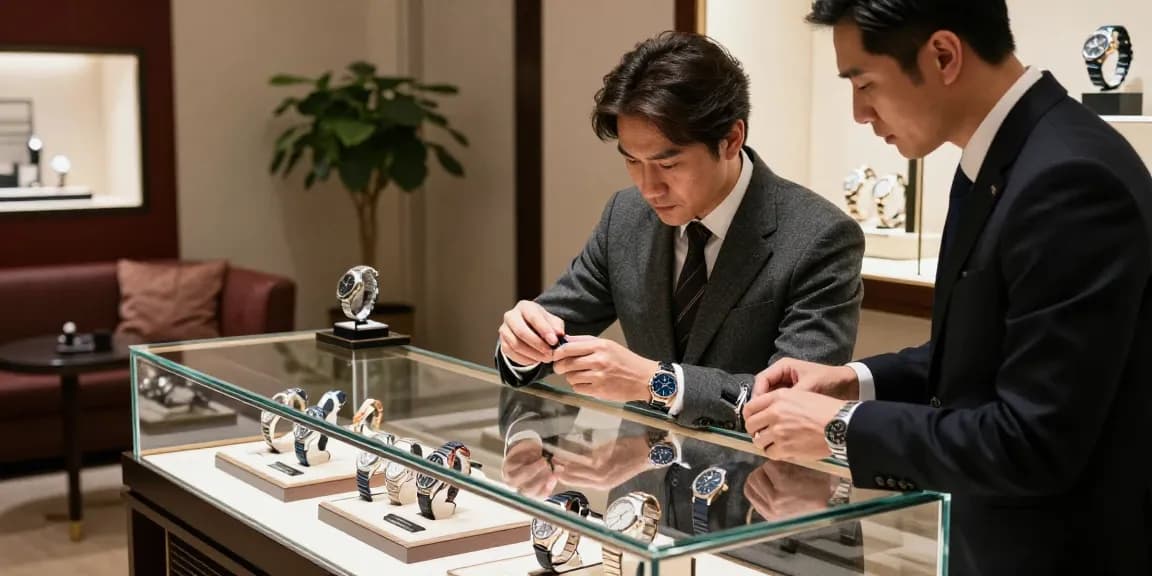 Individual exploring high-quality clone watches in a luxury boutique with a sophisticated atmosphere.