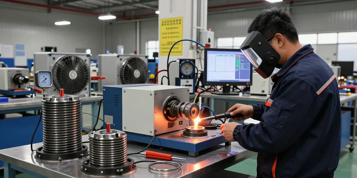 Technician using an induction heater in a modern industrial workshop, showcasing precision and control in metal processing.