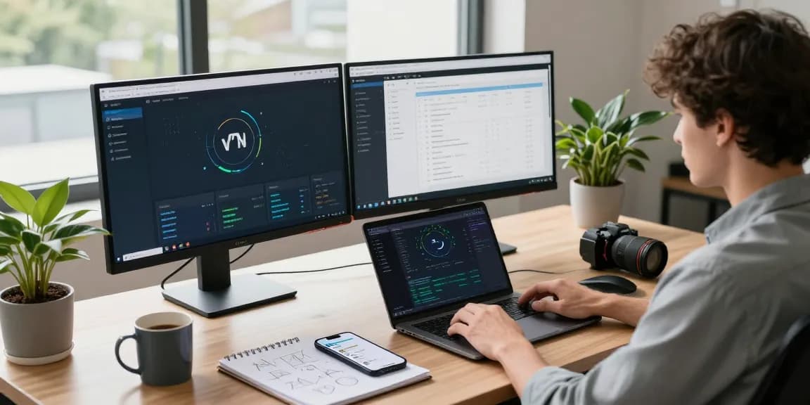 快连 user optimizing VPN connections in a modern workspace, showcasing productivity tools and a tech-savvy environment.