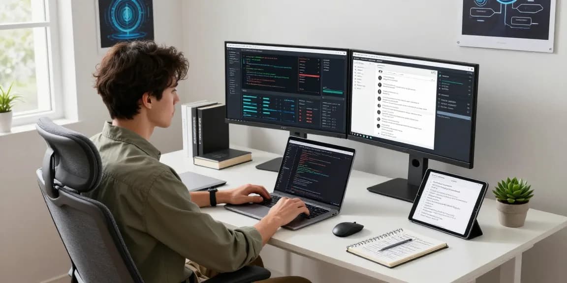 A data analyst using an AI detector in a modern workspace, showcasing analytics dashboards and coding tools.
