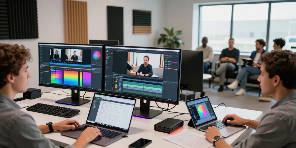 Video to prompt analysis in a modern video production studio with creators discussing AI-generated video prompts.