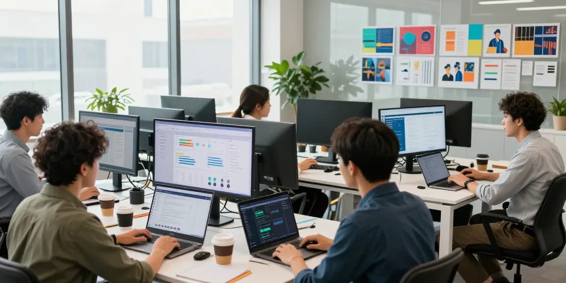 Marketing team collaborating on AI marketing tools in a modern office.