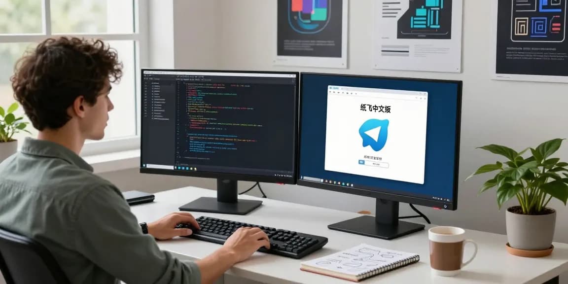 Developer coding 纸飞机中文版 on dual monitors in a modern workspace.