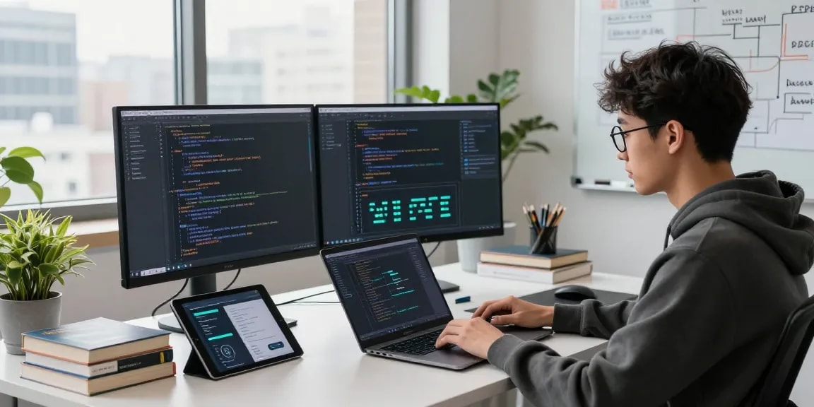 Programming workspace featuring kecak4d applications, multiple screens, plants, and bright natural lighting