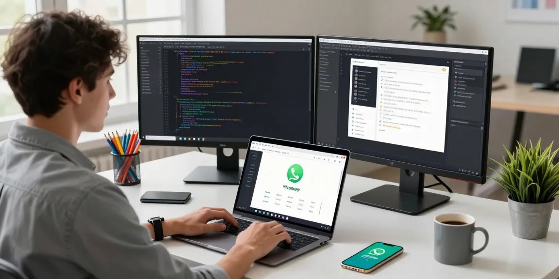 Young professional engaging with WhatsApp網頁版 on a sleek desk in a bright workspace