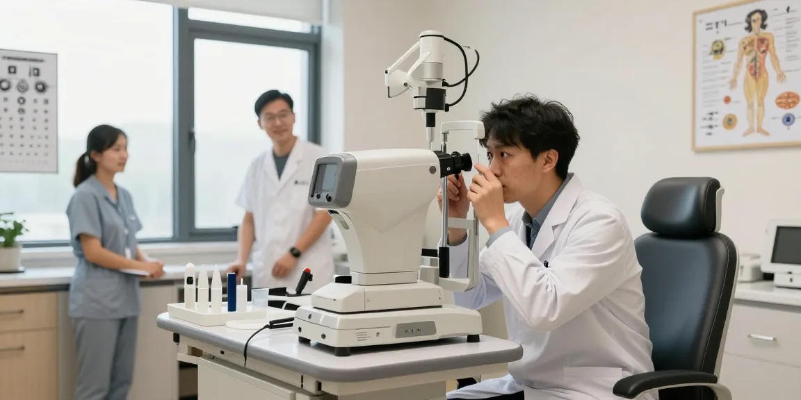 Ophthalmologist performing SMILE laser eye surgery consultation in a modern clinic.