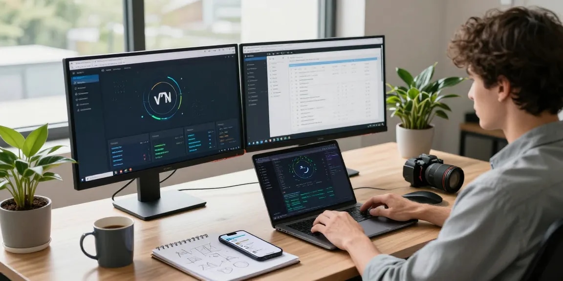 快连 user optimizing VPN connections in a modern workspace, showcasing productivity tools and a tech-savvy environment.