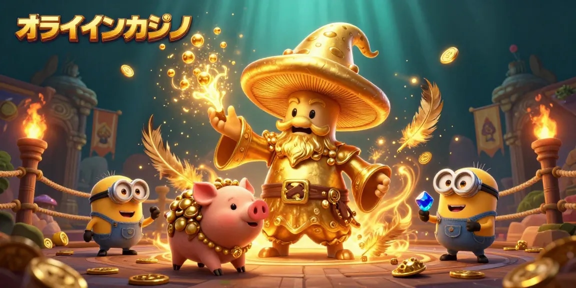 オンラインカジノの魔法の世界で黄金に変わるキノコの魔法使いが宝を探す豚とともに登場するイラスト