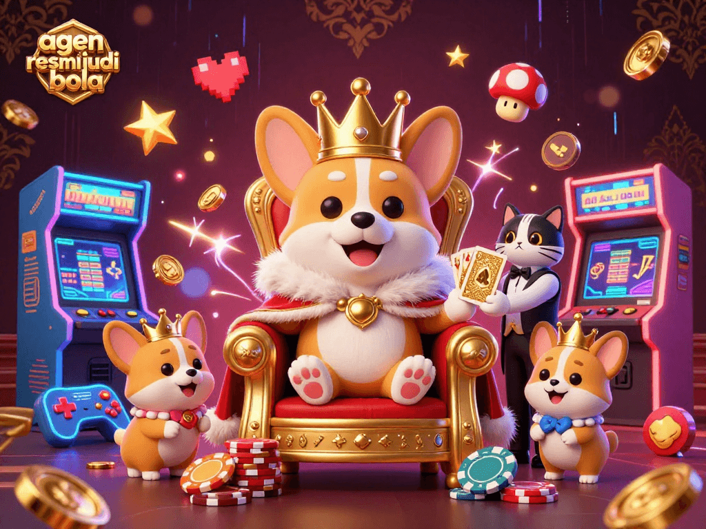 Bet on agen resmi judi bola and explore vibrant gaming scenes with corgis and neon elements.