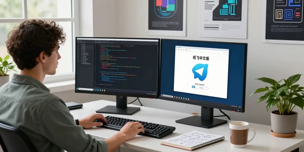 Developer coding 纸飞机中文版 on dual monitors in a modern workspace.