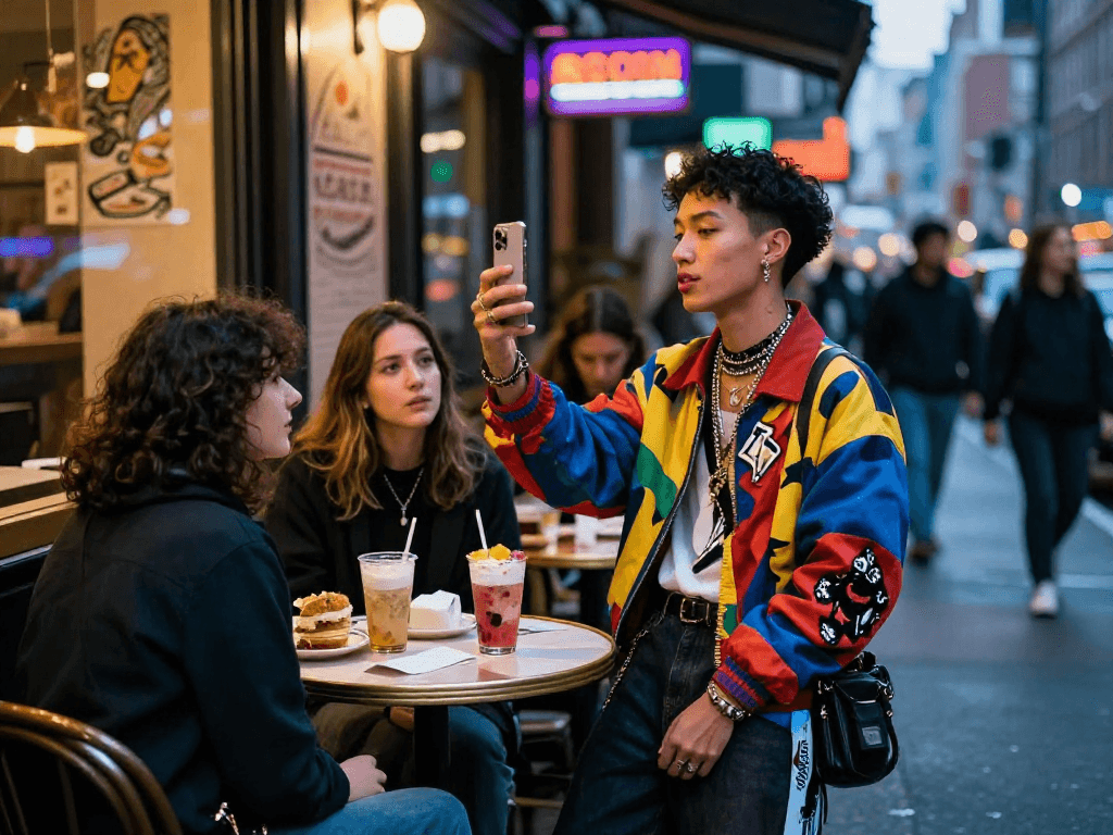 A vibrant nightlife scene featuring fashion influencers, showcasing trendy outfits and cocktails, embodying the essence of ai sluts in urban culture.