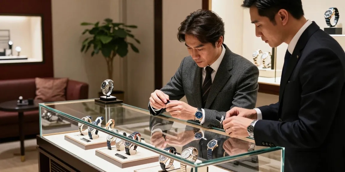 Individual exploring high-quality clone watches in a luxury boutique with a sophisticated atmosphere.