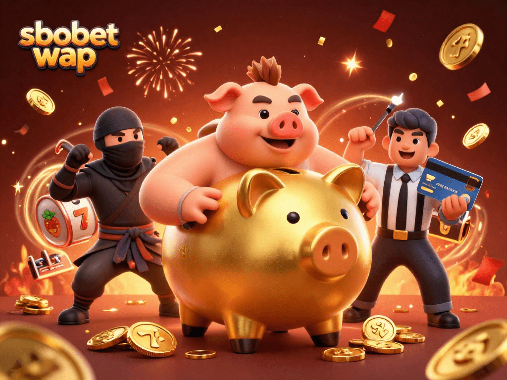 Engage with sbobet wap through a dynamic illustration featuring a golden piggy bank sumo wrestler and exciting casino elements.