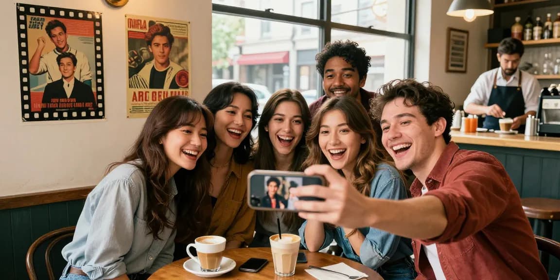 Friends discovering who they look like celebrities in a cafe, enjoying a selfie moment.