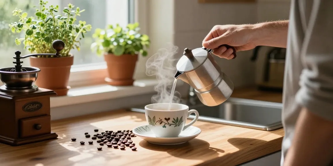 Learn how to prepare white coffee in a cozy kitchen setting, showcasing skilled brewing techniques.