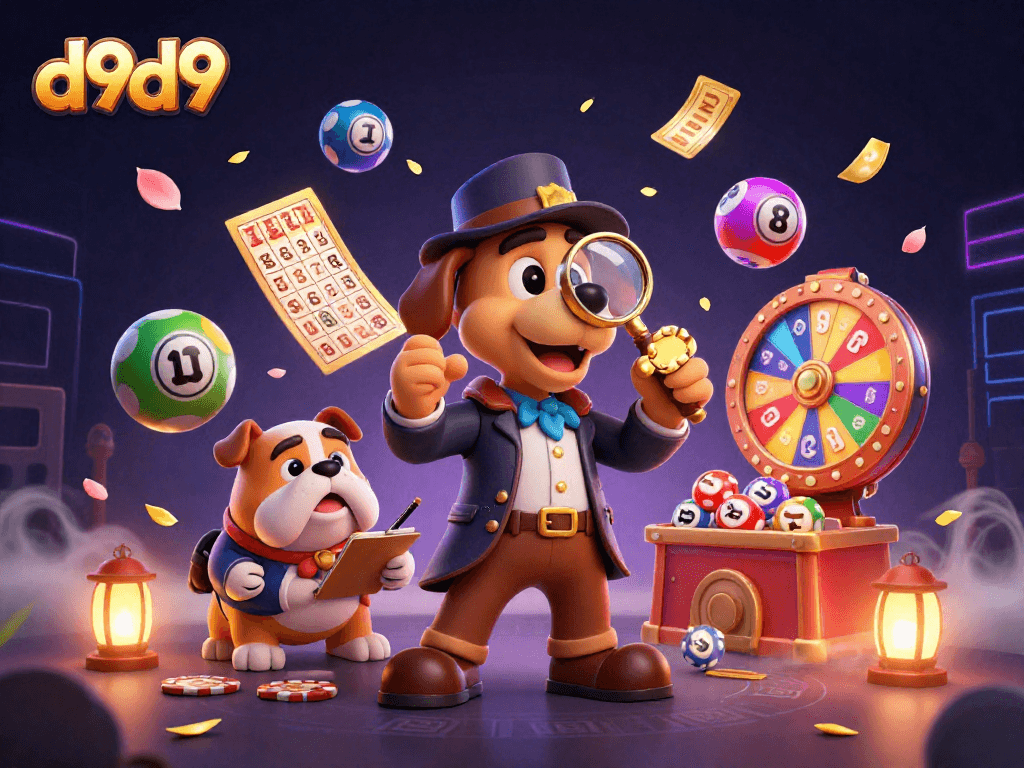 Magandang pagkilos ng d9d9 habang naglalaro ng mga slot at lotto, kasama ang mga bola at premyo.
