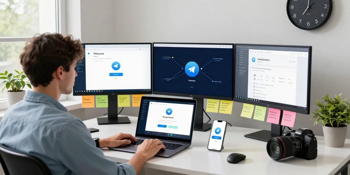 Setting up telegram china proxy with a modern workspace showing multiple screens and tech gadgets.