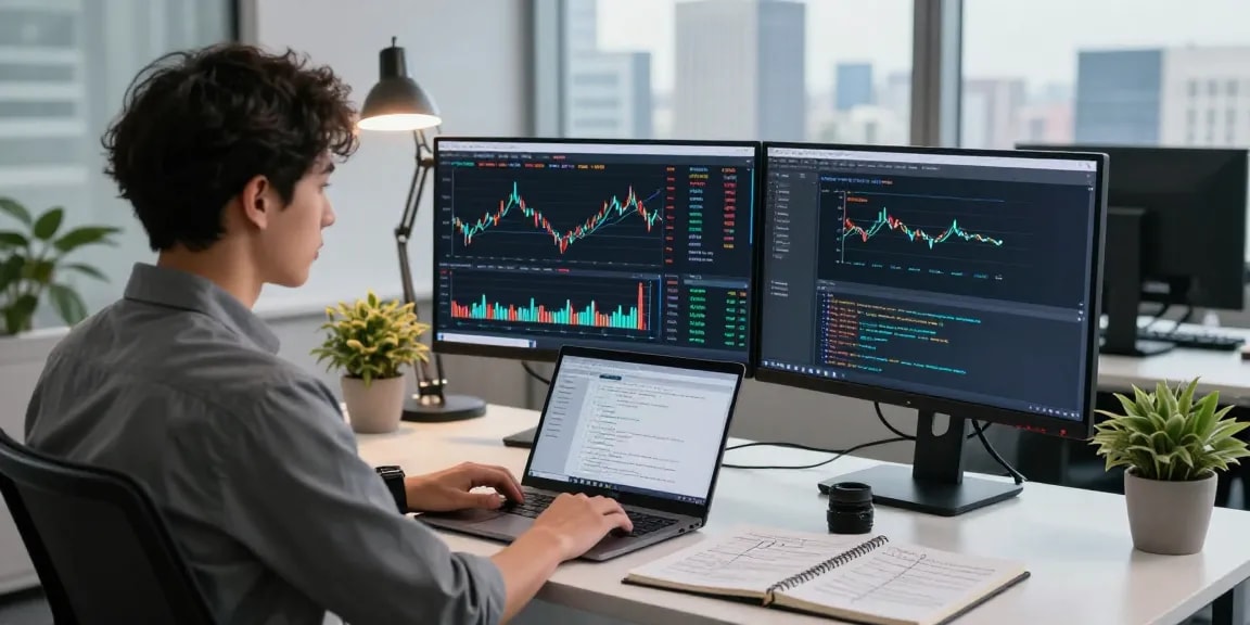 S&P 500 quote API displayed on dual monitors in a modern trading office setup.