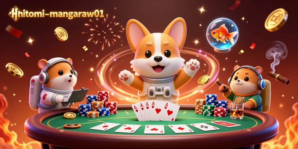 Engage with hitomi-mangaraw01's thrilling casino gaming scene featuring a floating corgi and poker excitement.