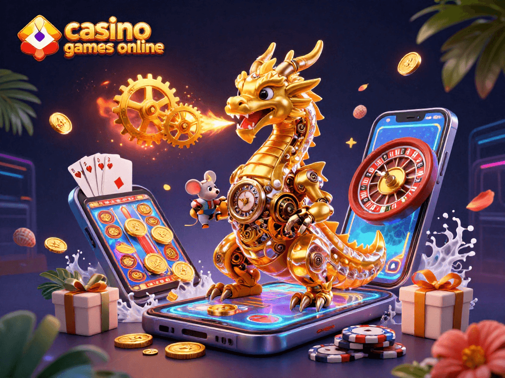 Experience casino games online with a dynamic 3D dragon and vibrant game elements