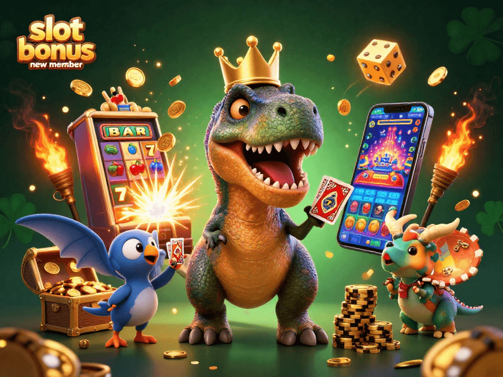 Experience the excitement of slot bonus new member with a T-Rex shuffling cards and dinosaurs stacking chips in a dynamic casino scene.