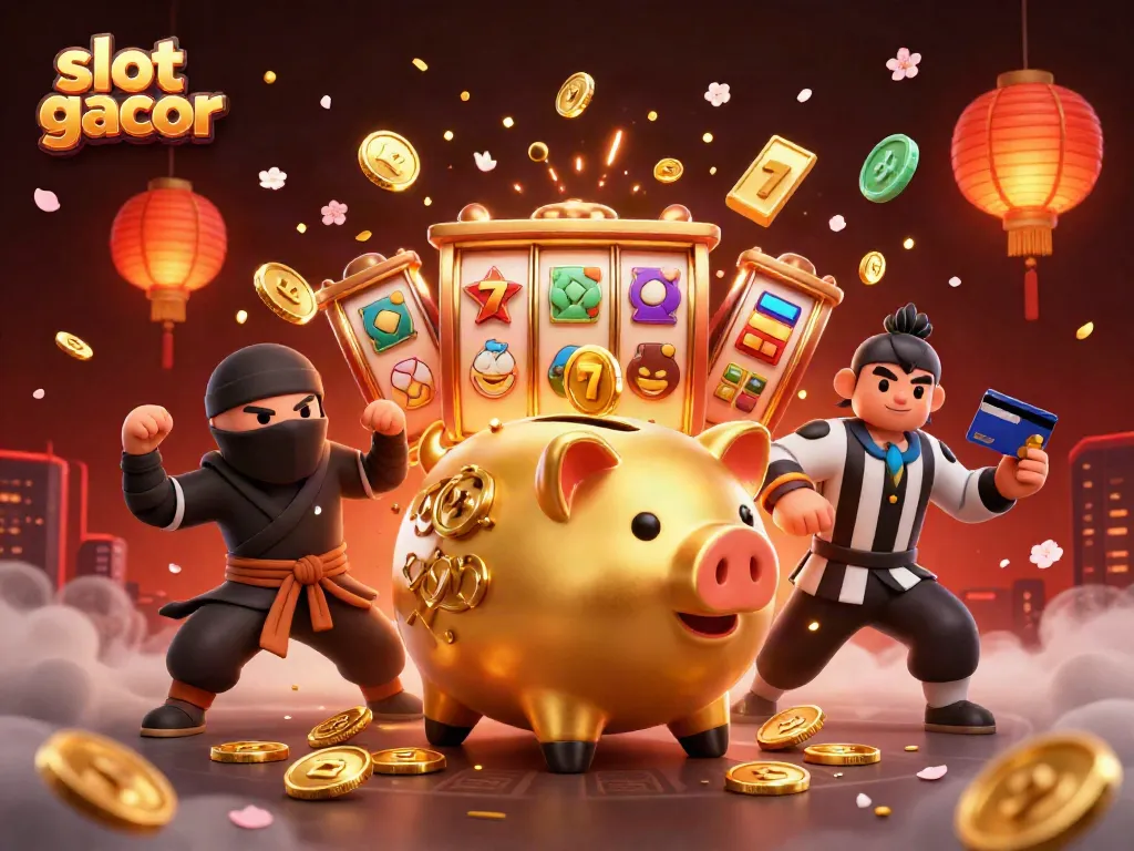Sensasi bermain slot gacor dengan karakter unik celengan dan ninja dalam suasana penuh euforia.