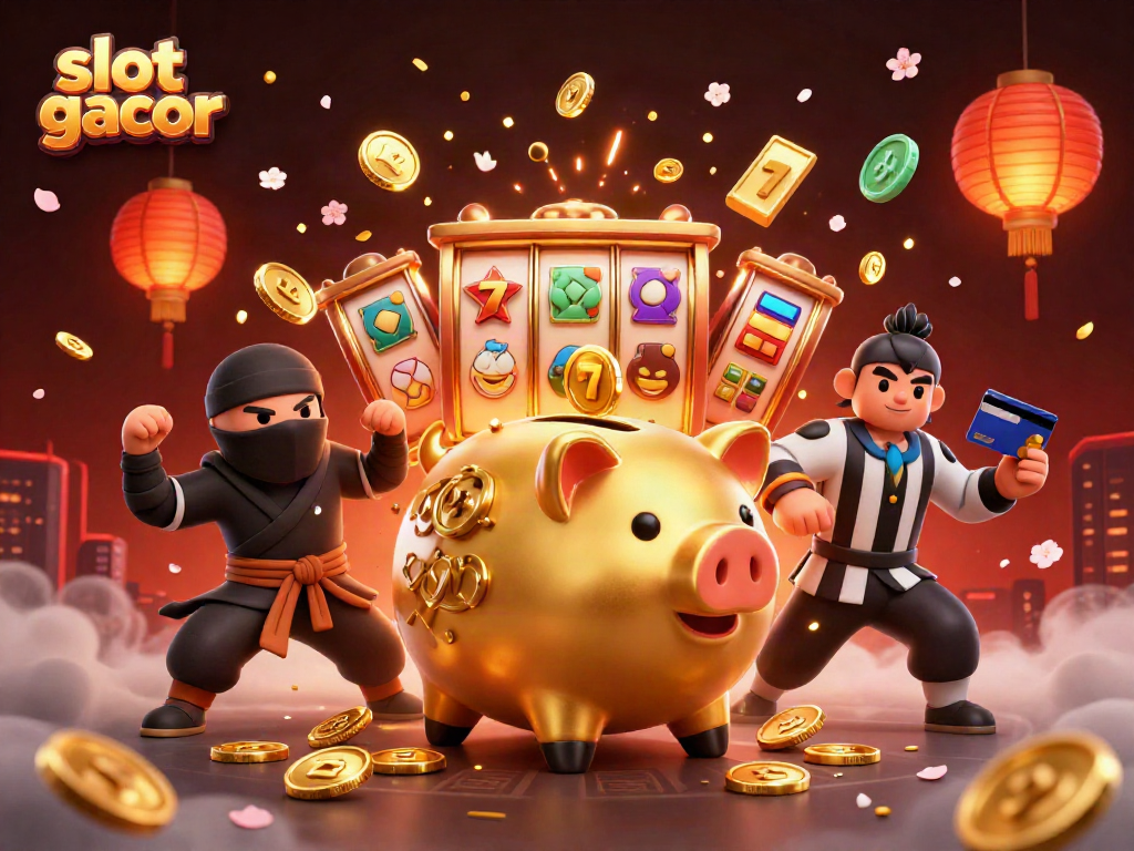 Sensasi bermain slot gacor dengan karakter unik celengan dan ninja dalam suasana penuh euforia.