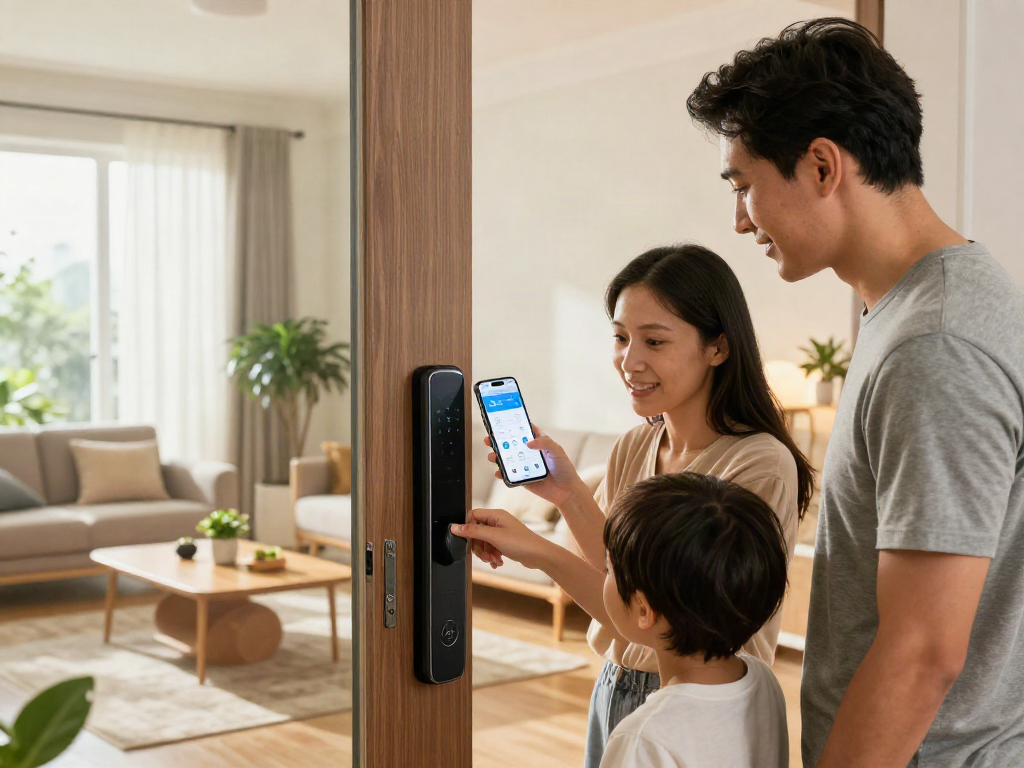 Family using قفل هوشمند to unlock a stylish door in a modern home.