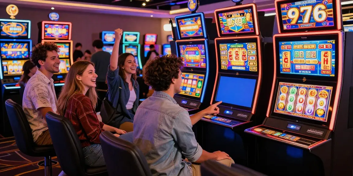 Friends enjoying a lively casino slot experience with vibrant machines and joyful interactions.
