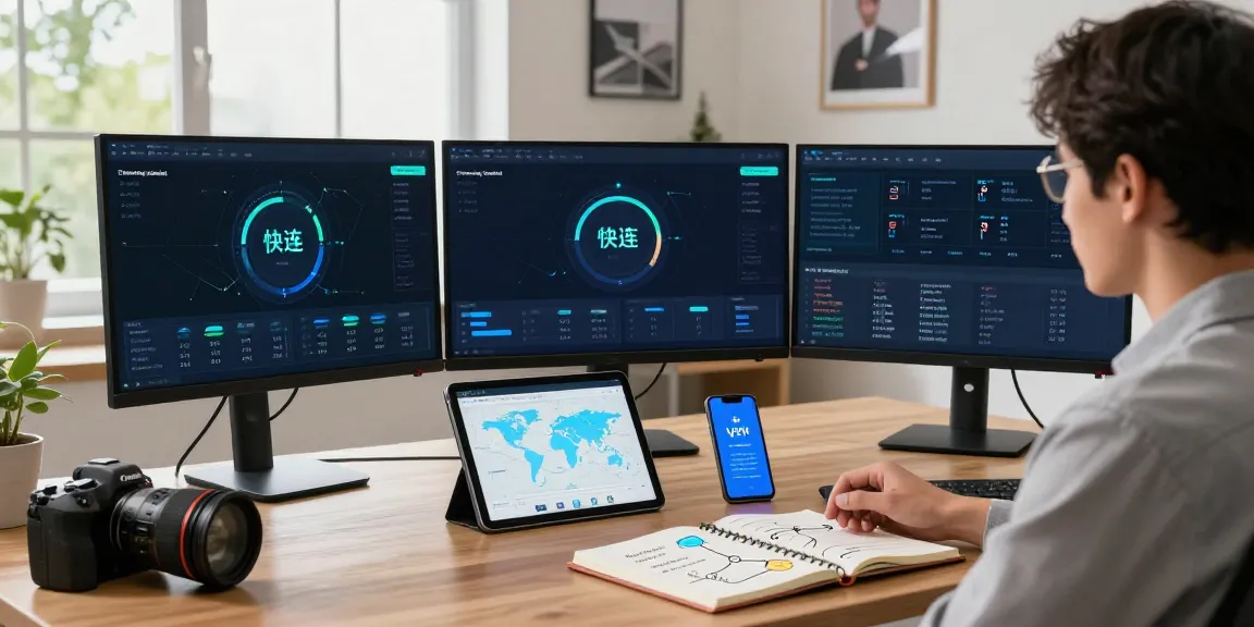 快连 user's modern workspace optimizing VPN connectivity with multiple screens and tech gadgets.