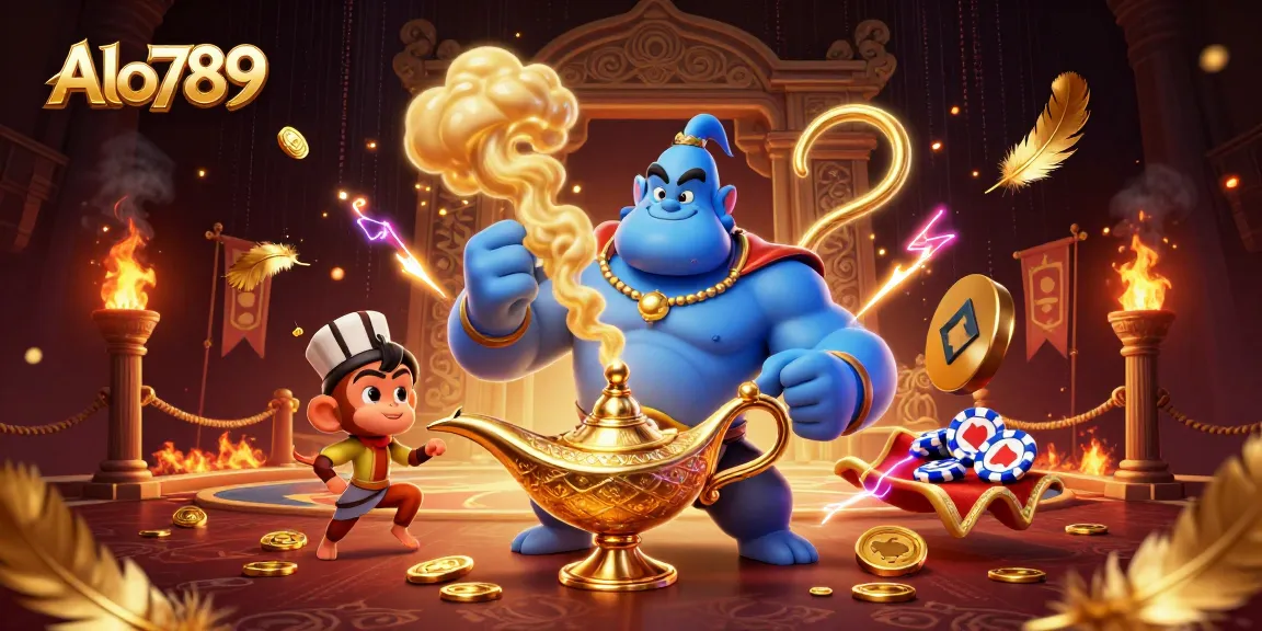 Alo789 offers a vibrant depiction of a 3D cartoon genie emerging in a dynamic casino scene filled with energy and betting excitement.