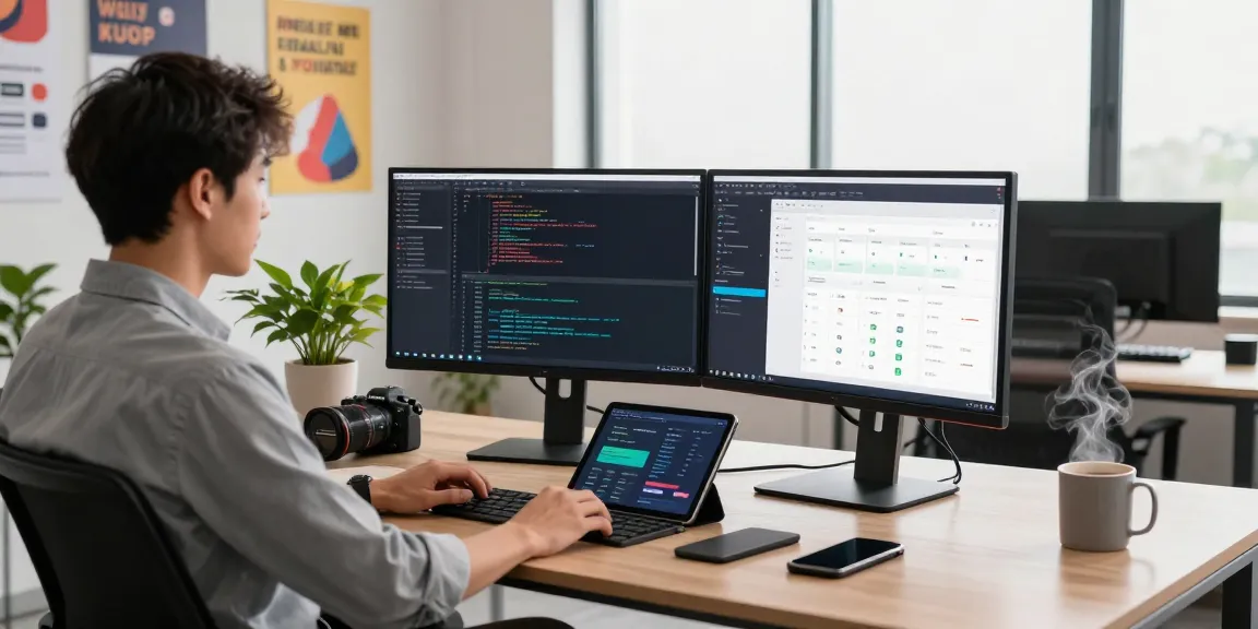 Modern tech workspace with dual monitors at companynamesucks.com, showcasing productivity and creativity in a collaborative environment.
