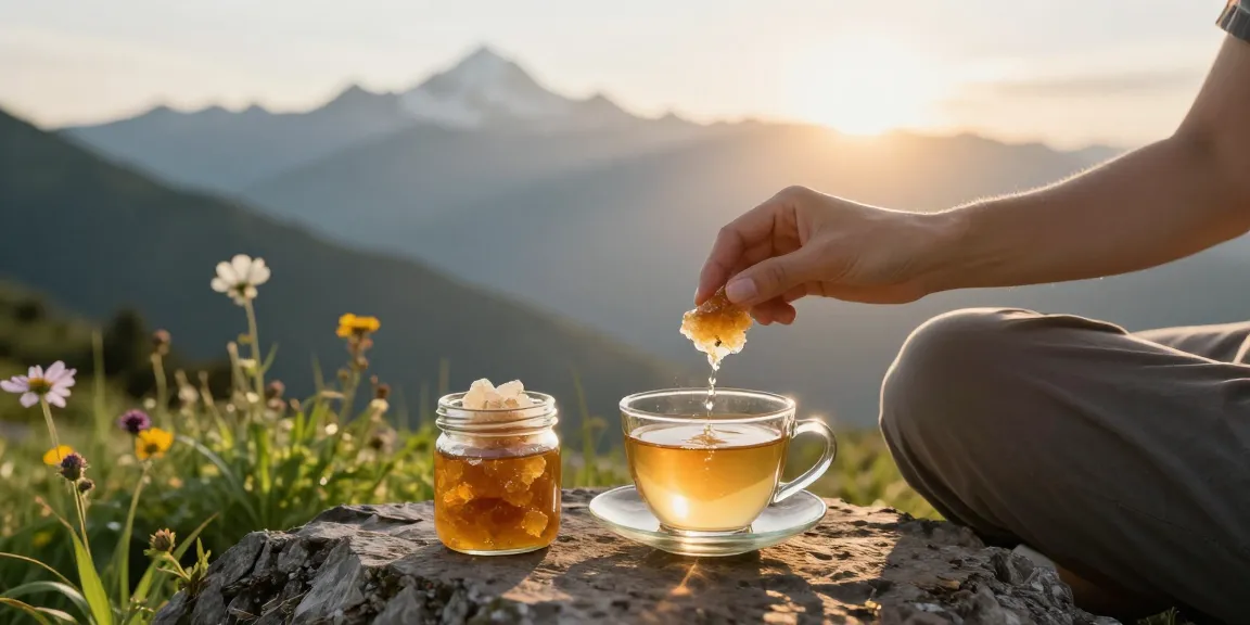 Dissolving Pure Shilajit Australia in herbal tea during sunrise, surrounded by nature.