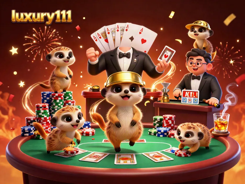 Engage in exciting gameplay at luxury111, featuring a vibrant casino scene with meerkats orchestrating fun.