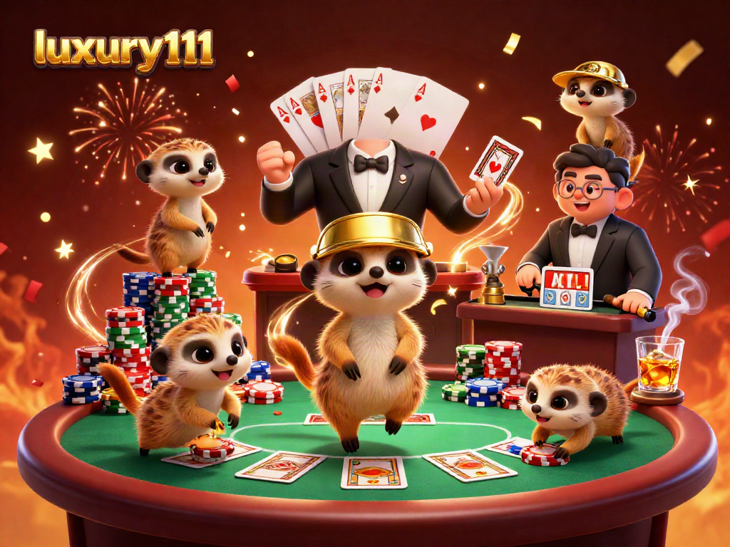 Engage in exciting gameplay at luxury111, featuring a vibrant casino scene with meerkats orchestrating fun.