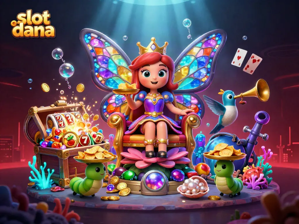 Mainkan slot dana dengan ratu kupu-kupu dan elemen kasino ceria di latar belakang yang spektakuler.
