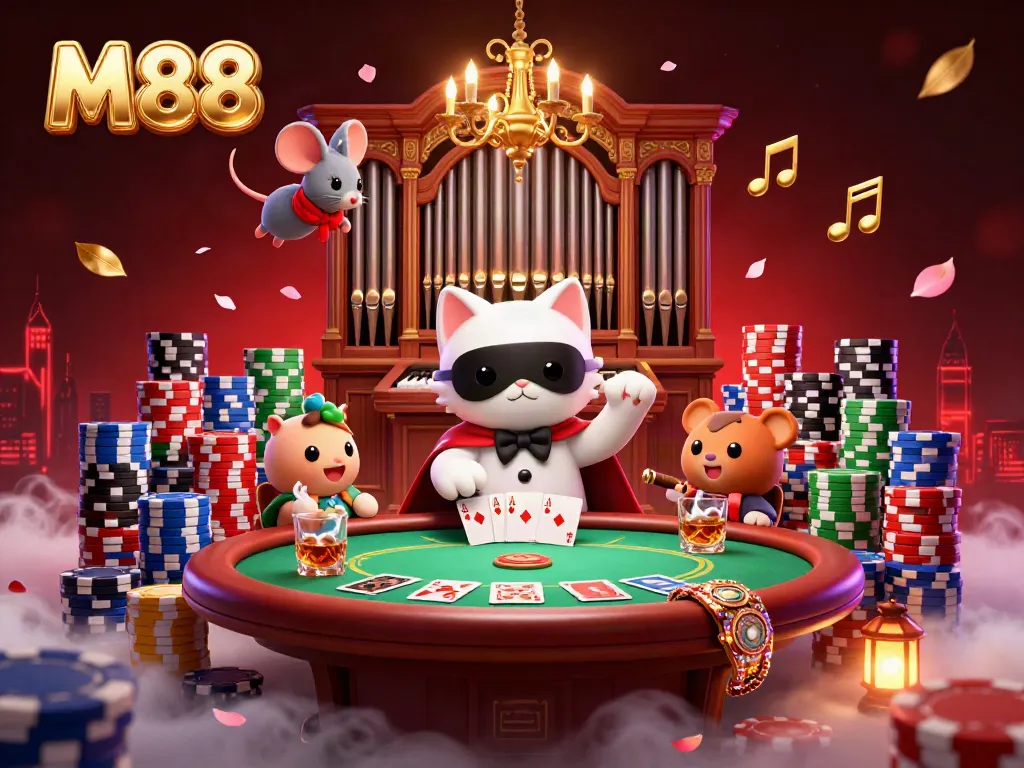 M88 thematic casino scene featuring a phantom cat and mouse acrobat surrounded by vibrant poker elements.