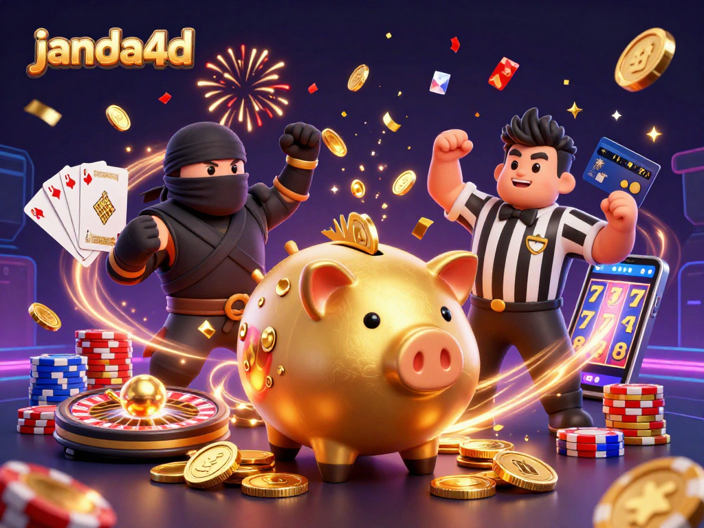 janda4d menampilkan aksinya dalam ilustrasi 3D di kasino dengan koin berkilau dan efek petasan
