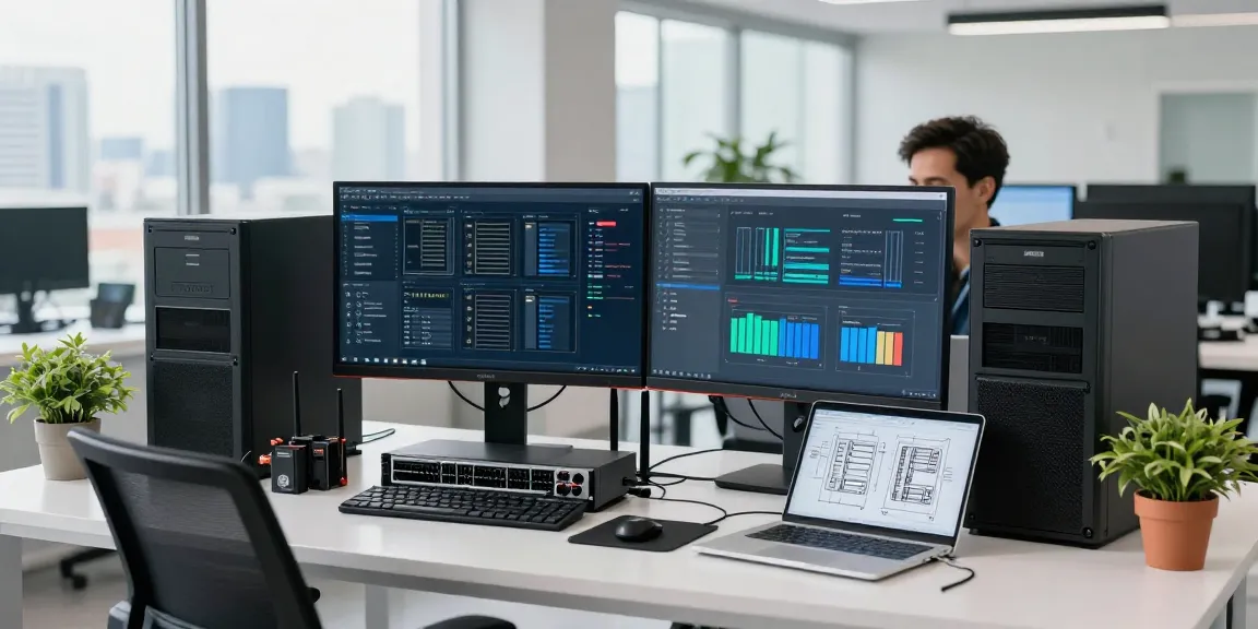 VPS Hosting en México setup in a modern tech office with servers and monitors.
