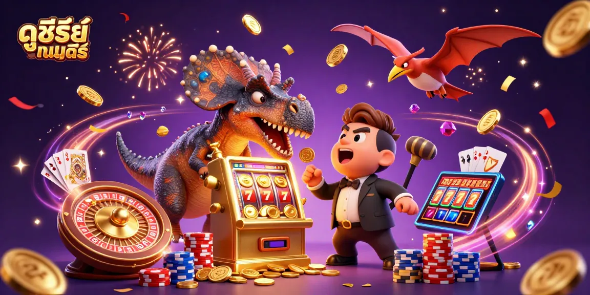 Engaging scene illustrating ดูซีรี่ย์ออนไลน์ with a dinosaur interacting with a jackpot slot machine.