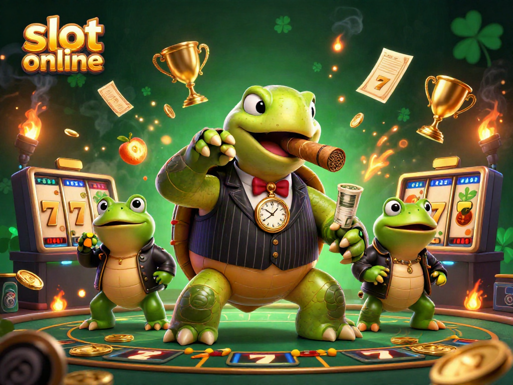 Menangkan jackpot di slot online dengan ilustrasi bertema kasino yang menggambarkan suasana meriah penuh simbol keberuntungan.