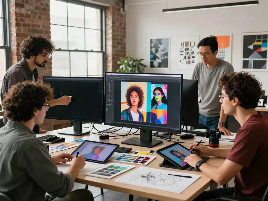 image variation generator in action as artists create photo transformations in a vibrant studio