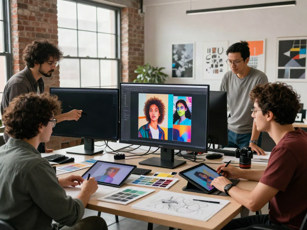 image variation generator in action as artists create photo transformations in a vibrant studio