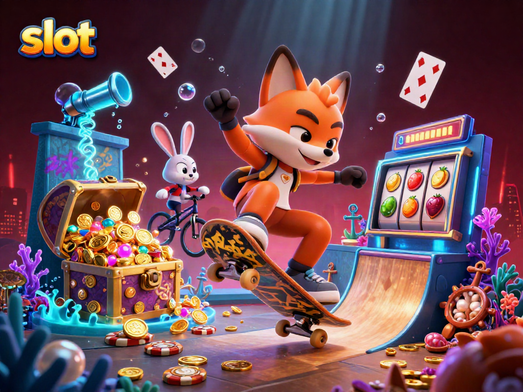Explore top slot strategies with cartoon fox and rabbit in vibrant casino scene.