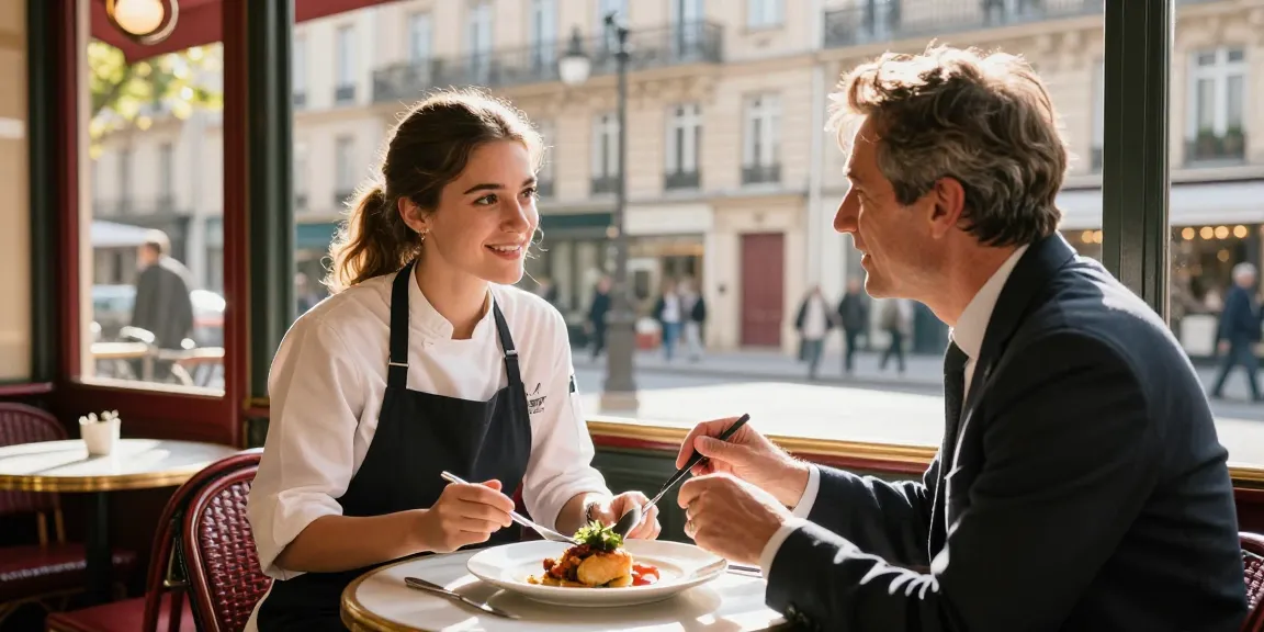 Internship in France experience at a Paris café, with an intern and mentor showcasing culinary skills and vibrant atmosphere.