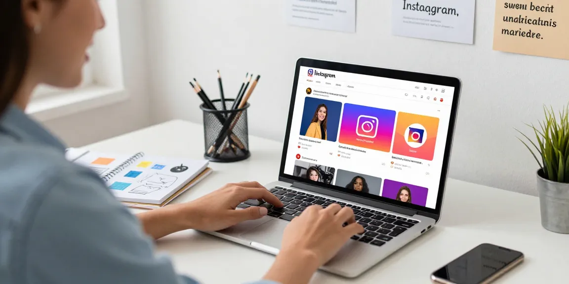 Vibrant small business owner engaging with instagram story likes kaufen on their laptop in a creative office.