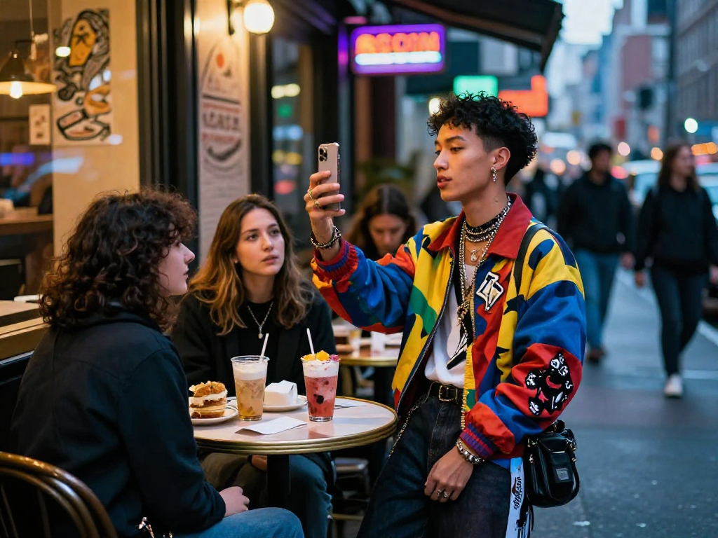 A vibrant nightlife scene featuring fashion influencers, showcasing trendy outfits and cocktails, embodying the essence of ai sluts in urban culture.