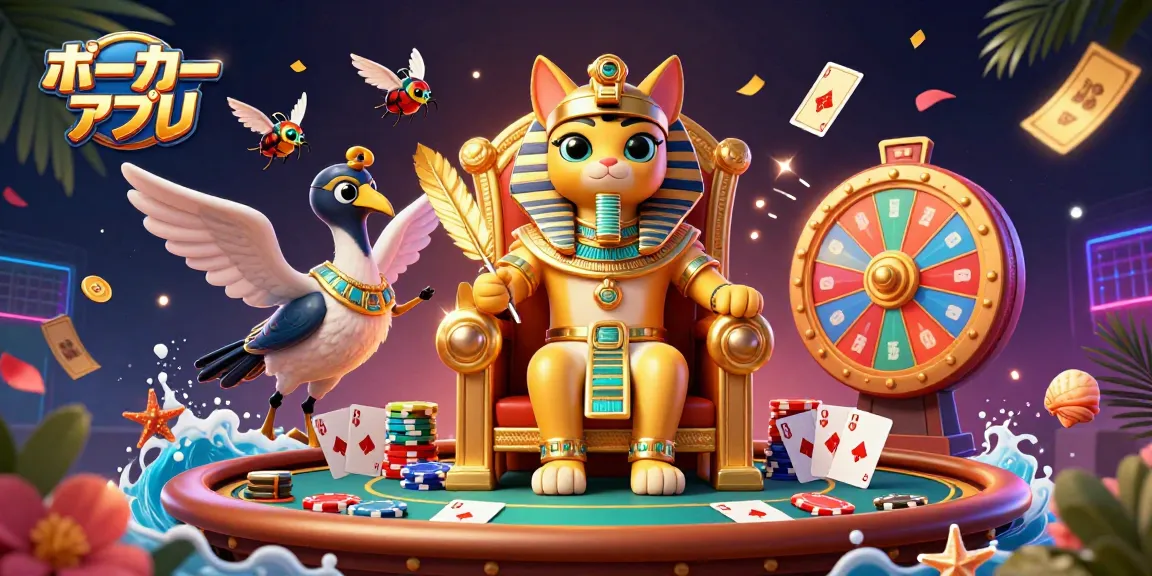ポーカーアプリで遊ぶカートゥーンスタイルのイラスト、キャラクターが魅力的なシーンを繰り広げる。